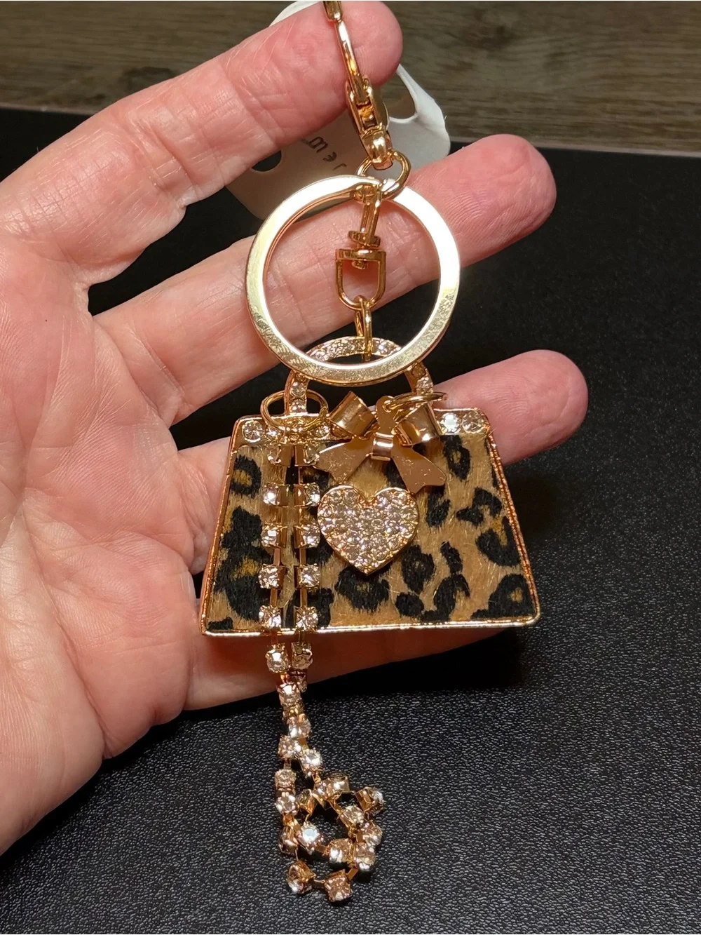 Leopard Print Purse Charm Keychain - Gold with Crystal Accents